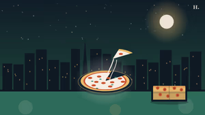 Pizza in Humble TX: whole pie with flying slice against the Houston skyline at night