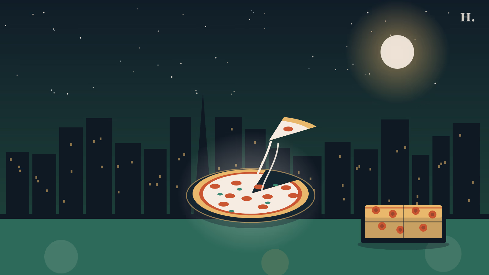 Pizza in Humble TX: whole pie with flying slice against the Houston skyline at night