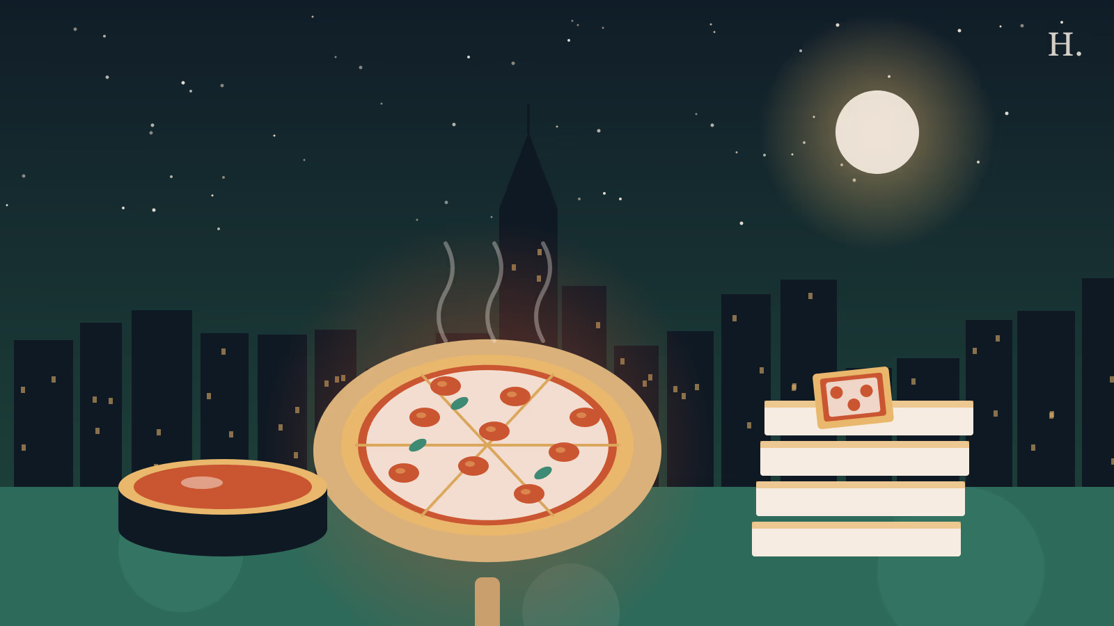 Pizza Katy illustration: a pepperoni pie on a peel, deep dish pan and stacked delivery boxes