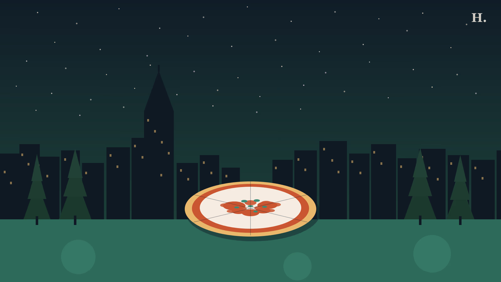 Best pizza in Kingwood TX: round pie with pepperoni against a forest skyline at night