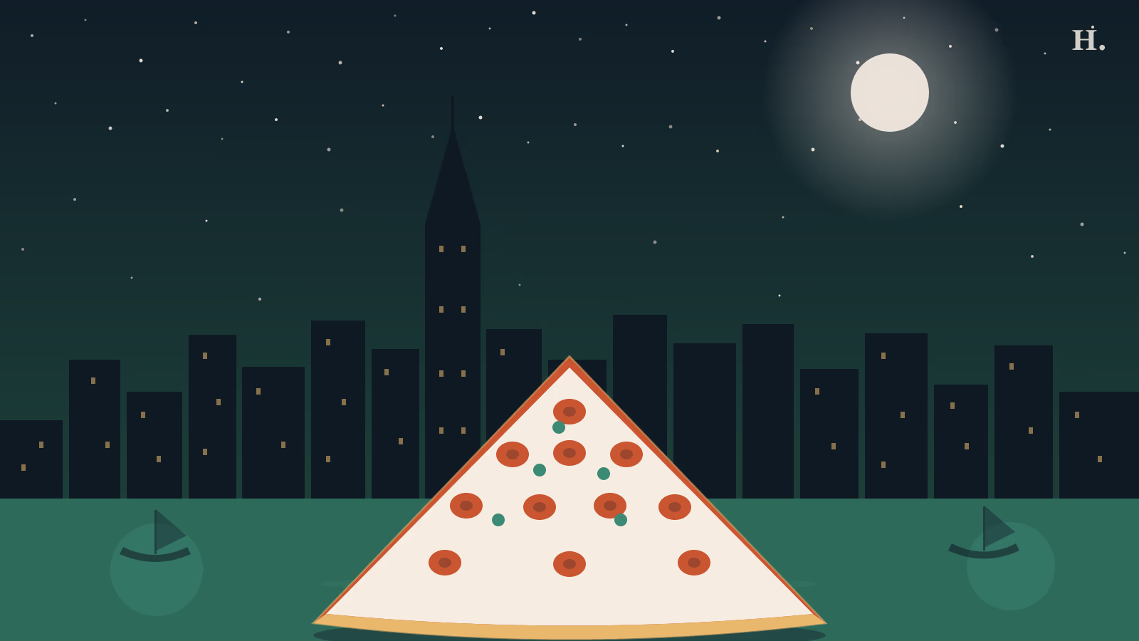 Pizza slice with pepperoni over night skyline, League City TX marina and bay in background