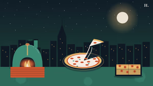 Pizza memorial Houston night scene: round pizza with toppings before a lit Houston skyline