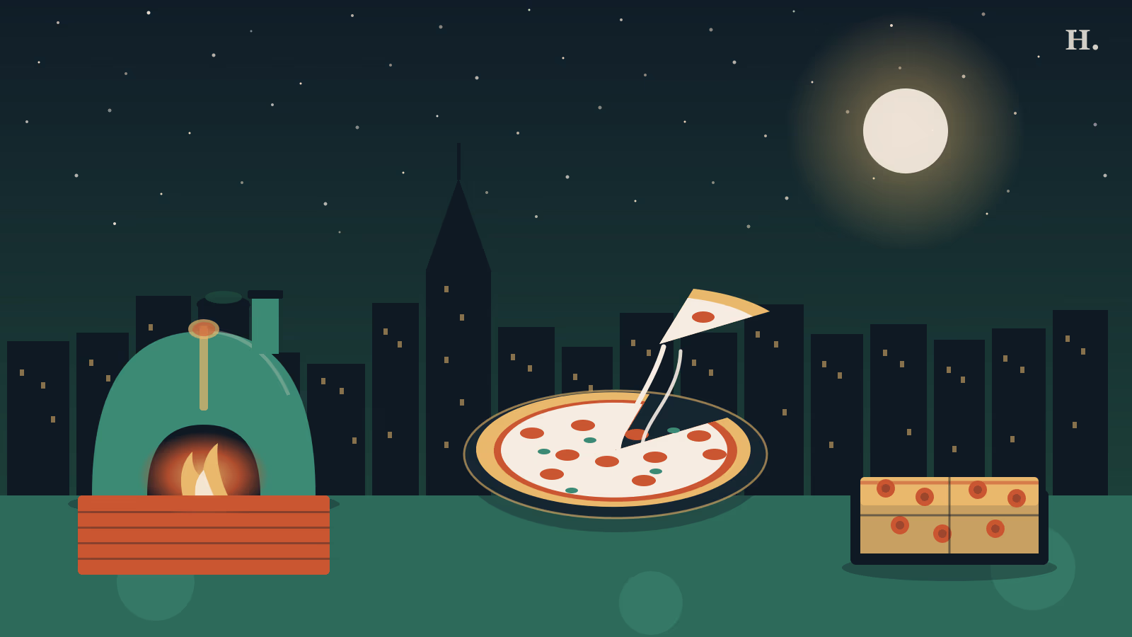 Pizza memorial Houston night scene: round pizza with toppings before a lit Houston skyline