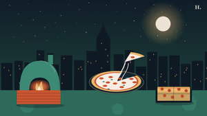 Pizza Missouri City TX night illustration: round pepperoni pie, oven flame, and suburban skyline