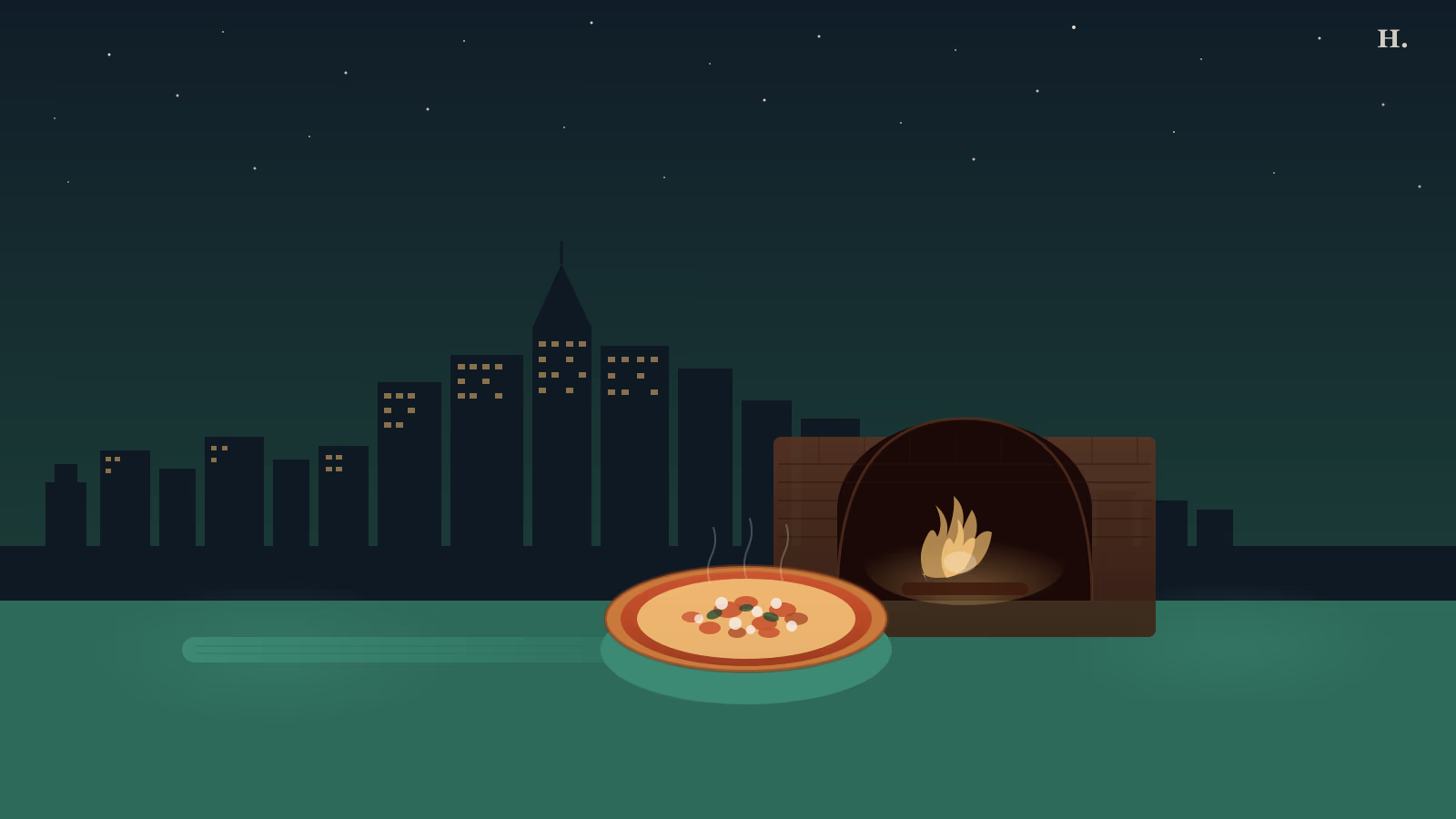 Best pizza Montrose Houston: wood-fired pizza pie with Houston skyline at night
