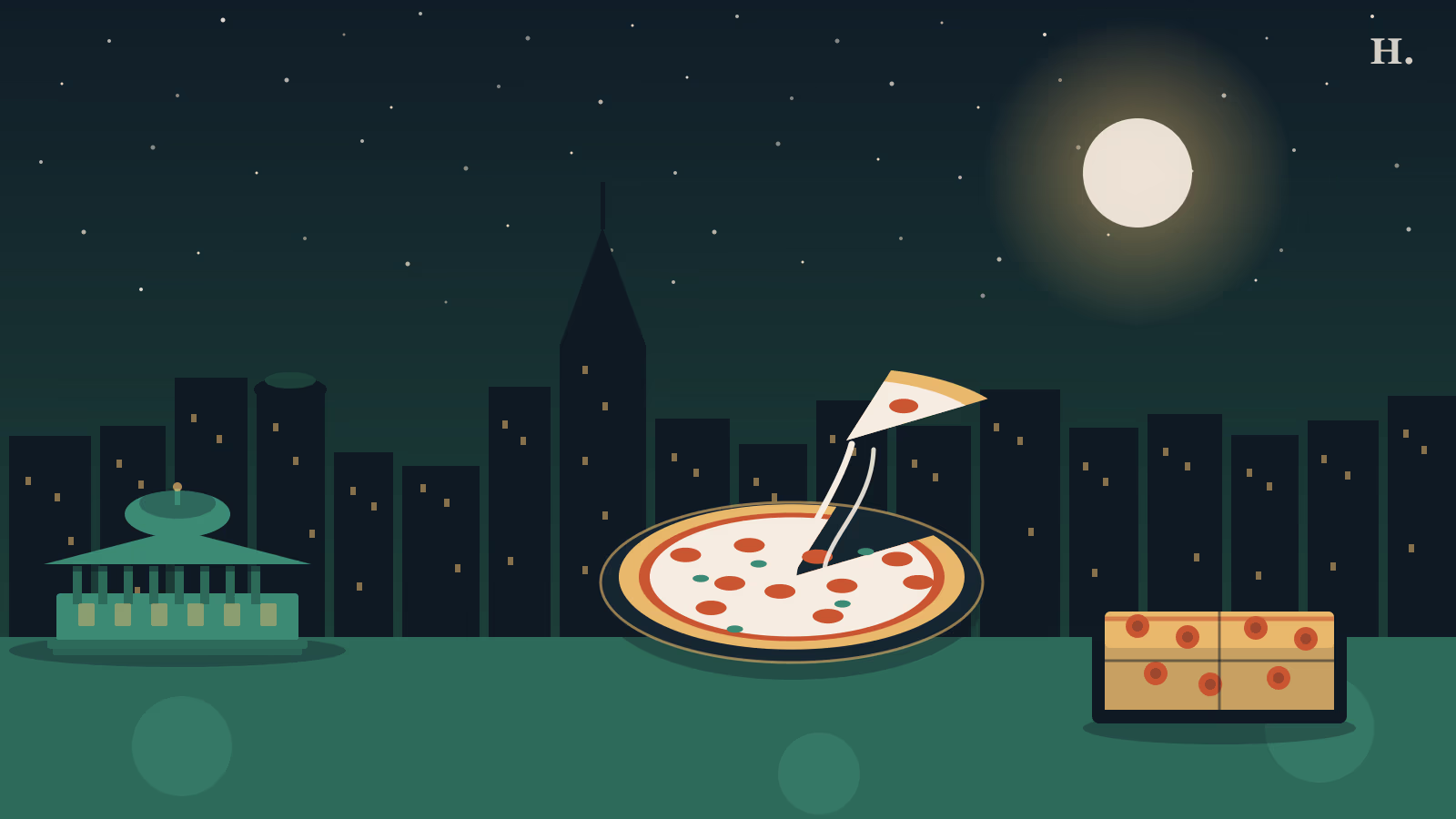 Houston Museum District night skyline with museum dome and a Neapolitan pizza slice pulled from a whole pie