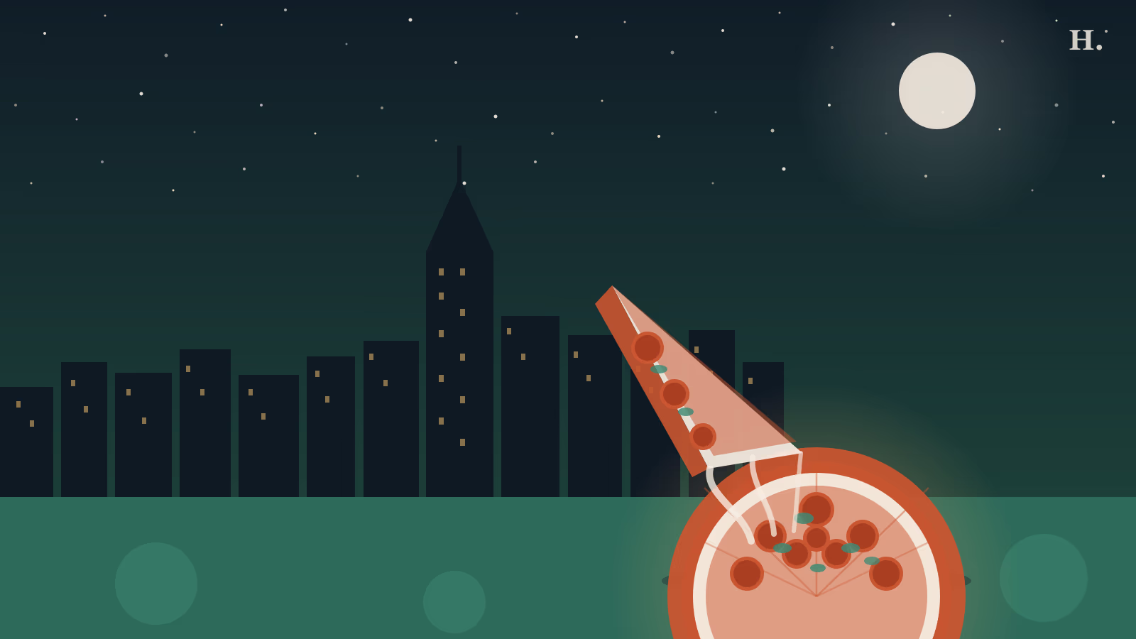 Pizza in Pasadena TX illustration: lifted pizza slice with cheese pull and Houston skyline at night