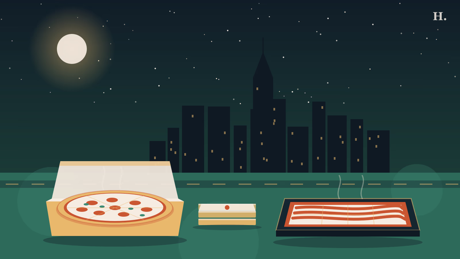 Best pizza Pearland illustration: open pizza box, Detroit square pan and skyline at night