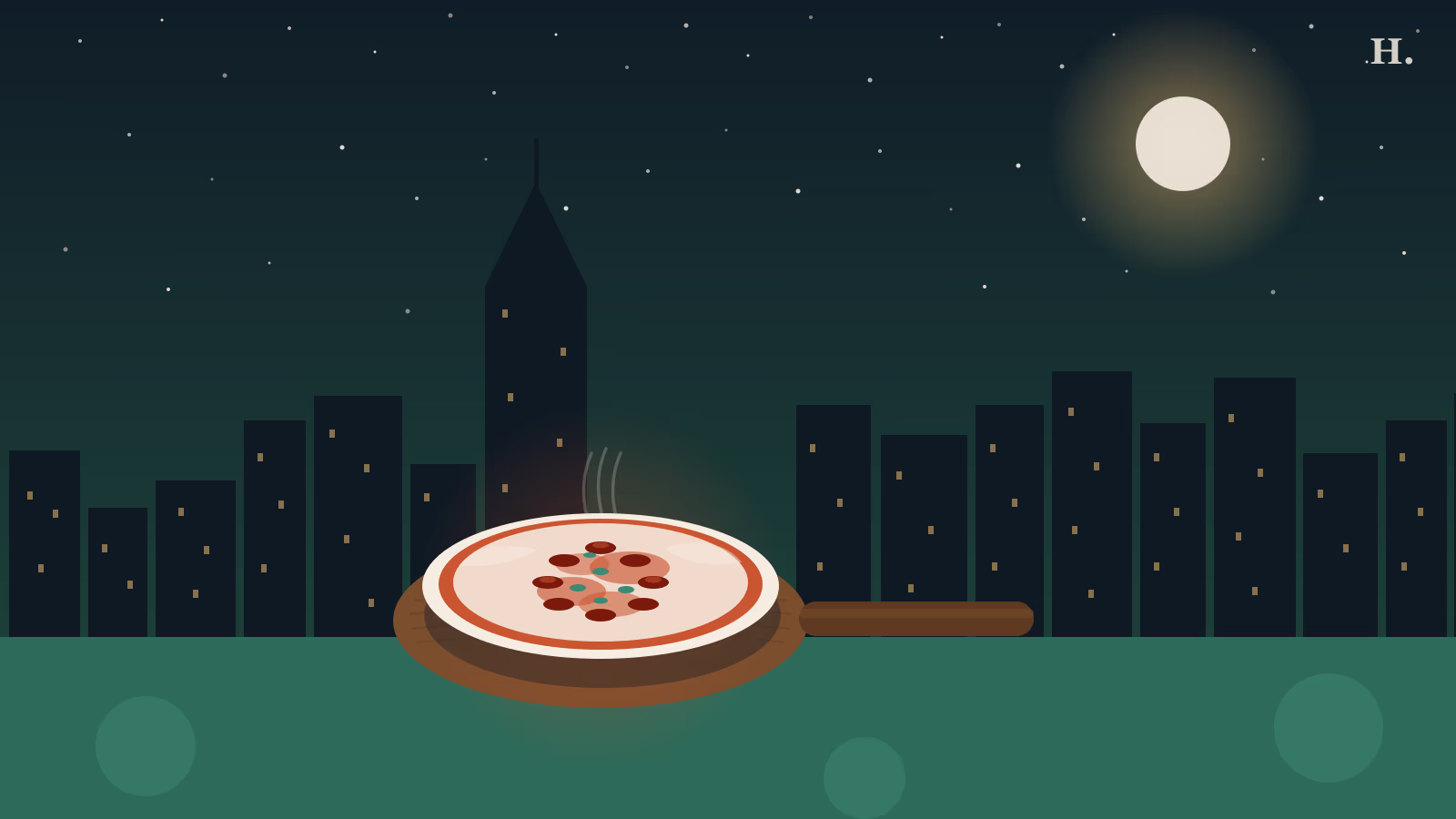 Wood-fired pizza on a peel glowing before the Houston skyline at night, pizza rice village
