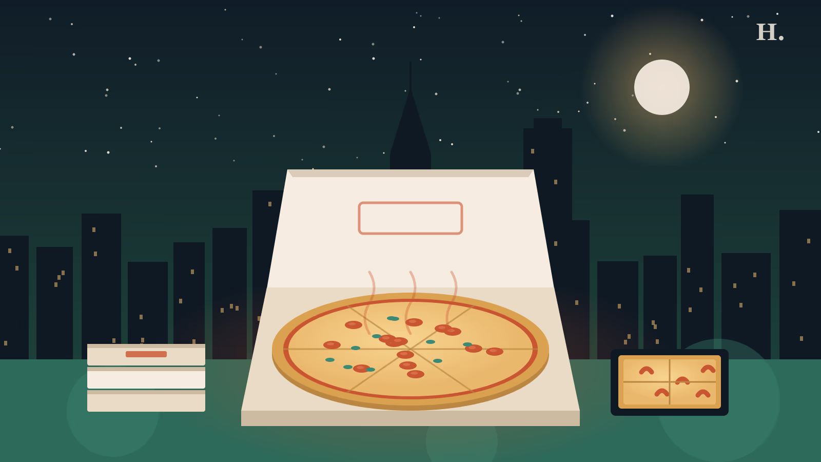 Pizza in Spring, TX illustration: open pizza box, Detroit pan and delivery boxes at night
