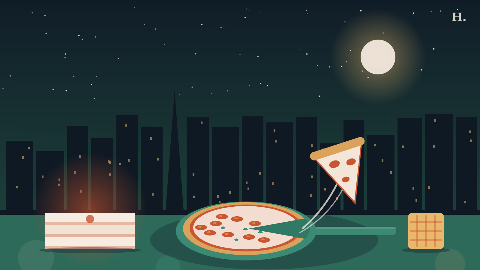 Pizza Sugar Land illustration: pepperoni pie on a peel, pizza boxes and a waffle at night