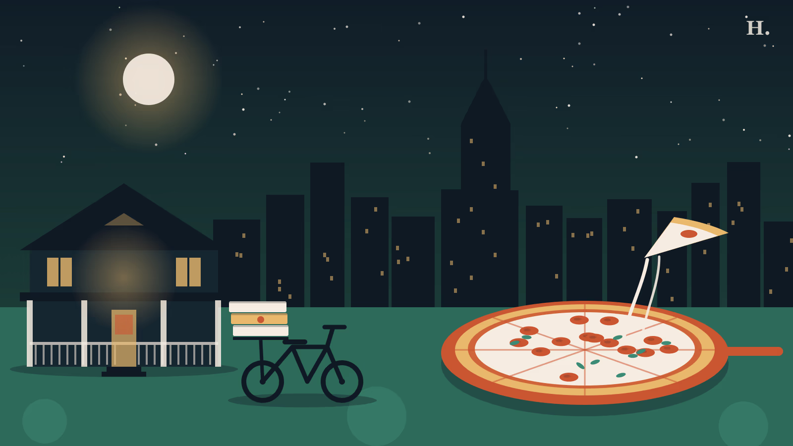 Pizza in the Heights illustration: Heights bungalow, delivery bike and pizza under Houston skyline