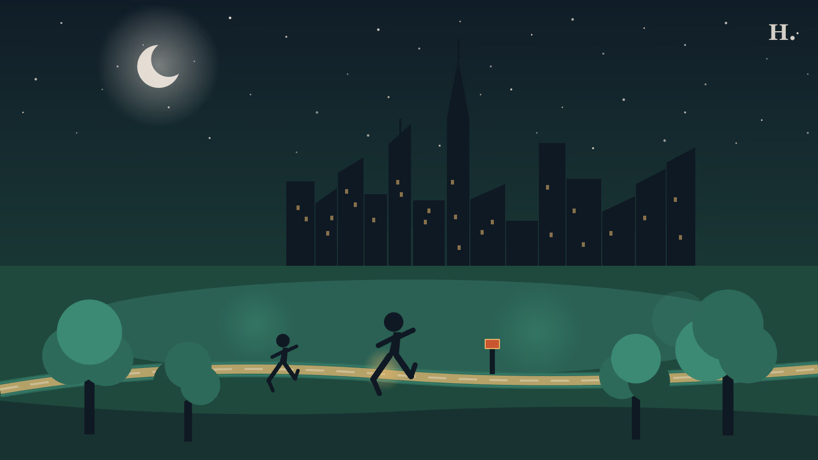 Running trails Houston: two runners on a bayou path with the downtown Houston skyline at night