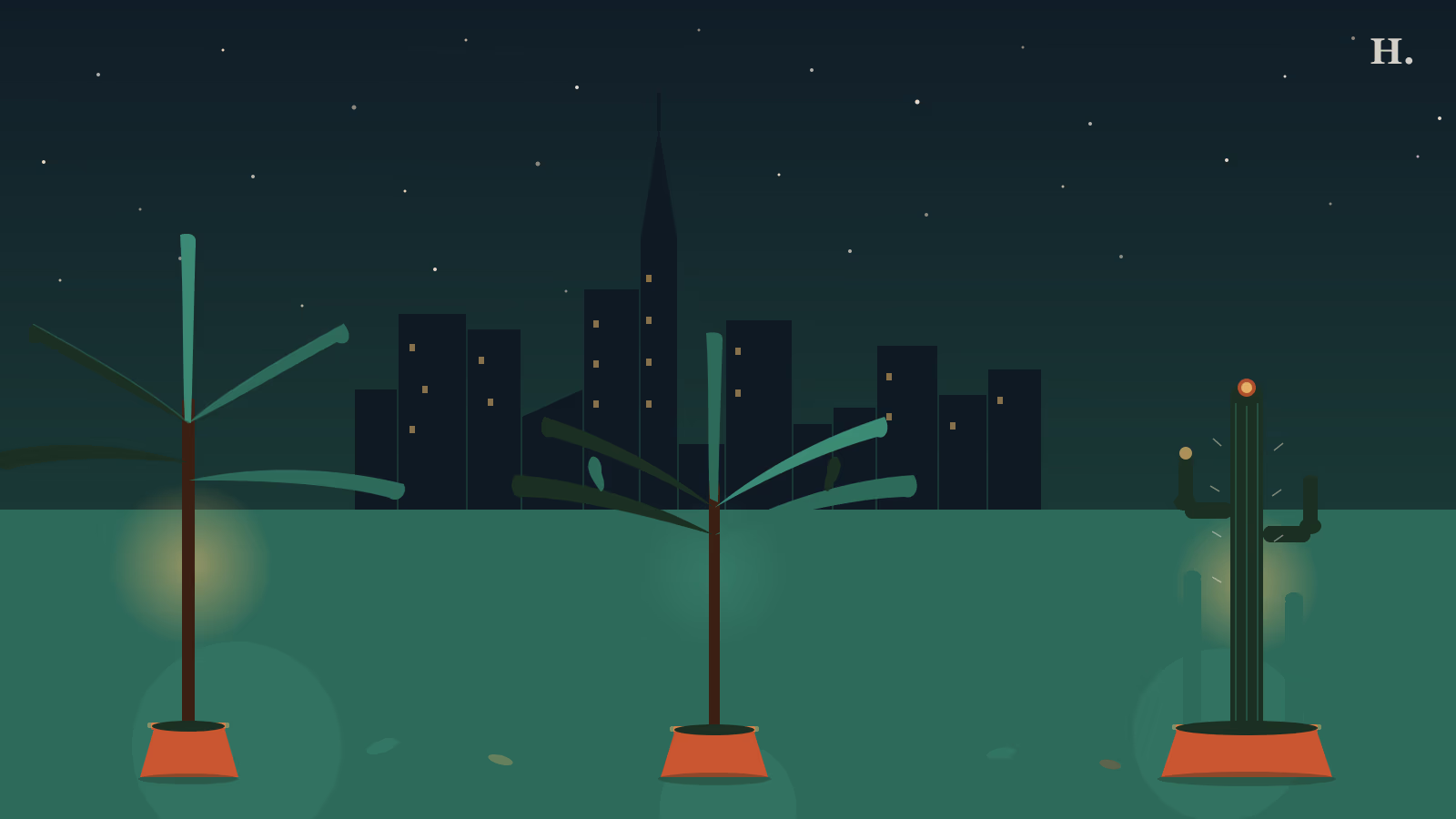 Plant nursery Houston illustration: tropical potted plants, terracotta pots and cactus silhouettes against the night skyline