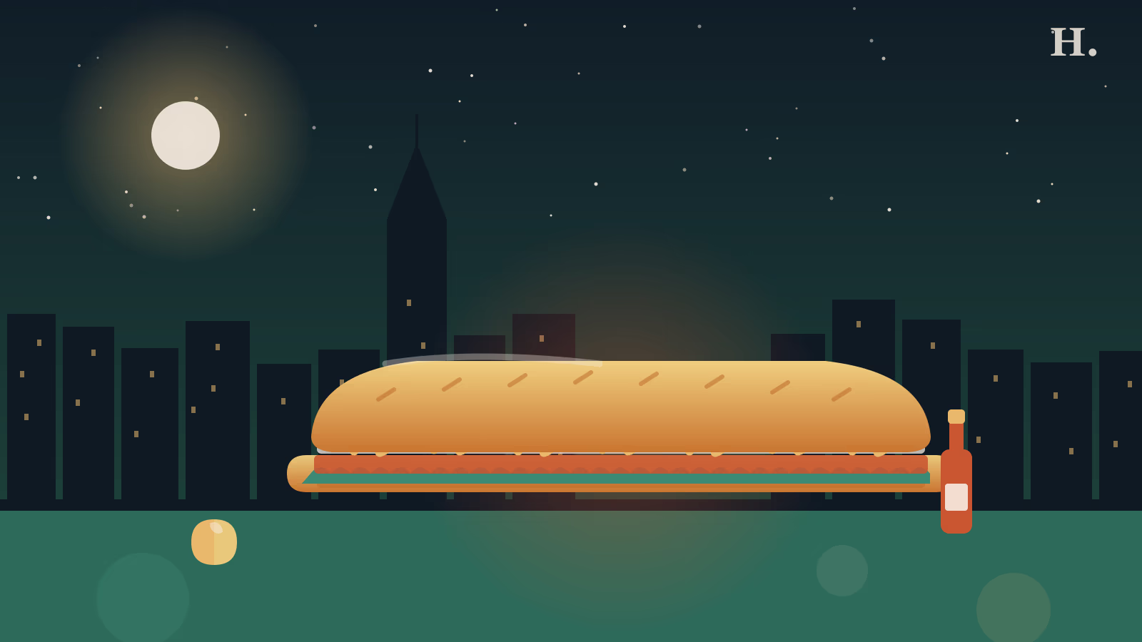 Best po-boys Houston: dressed French bread sandwich with Gulf shrimp against a night skyline