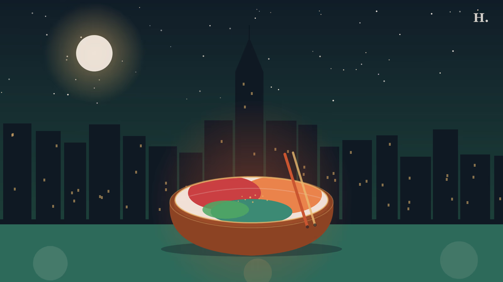 Best poke in Houston illustration: colorful poke bowl with tuna, salmon and avocado toppings against night skyline