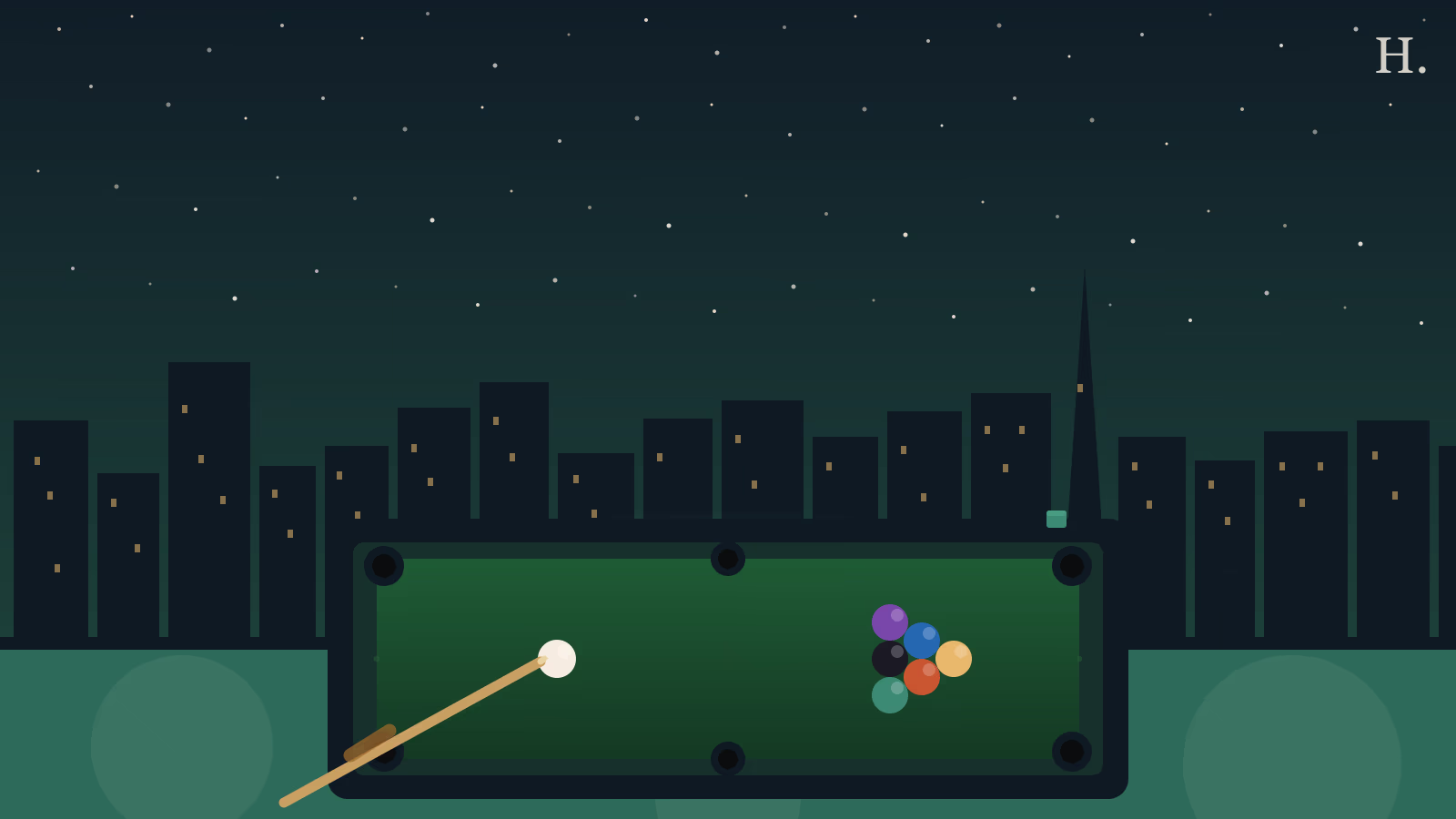 Pool halls Houston: billiard balls racked on green felt under the Houston night skyline
