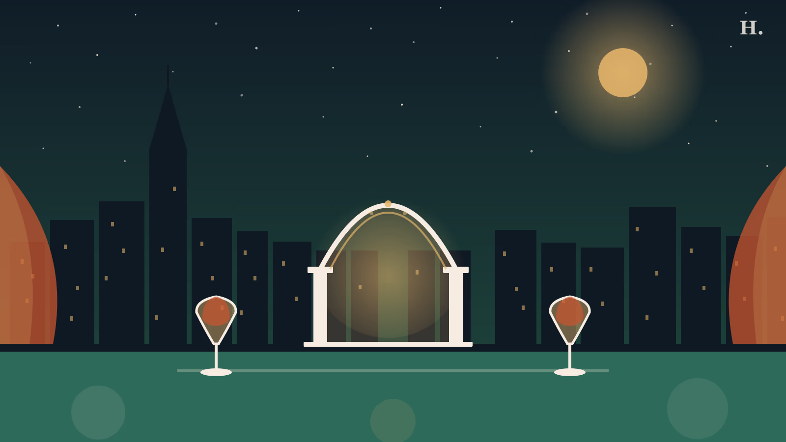 Arched theater entrance with wine glasses against downtown Houston skyline at night