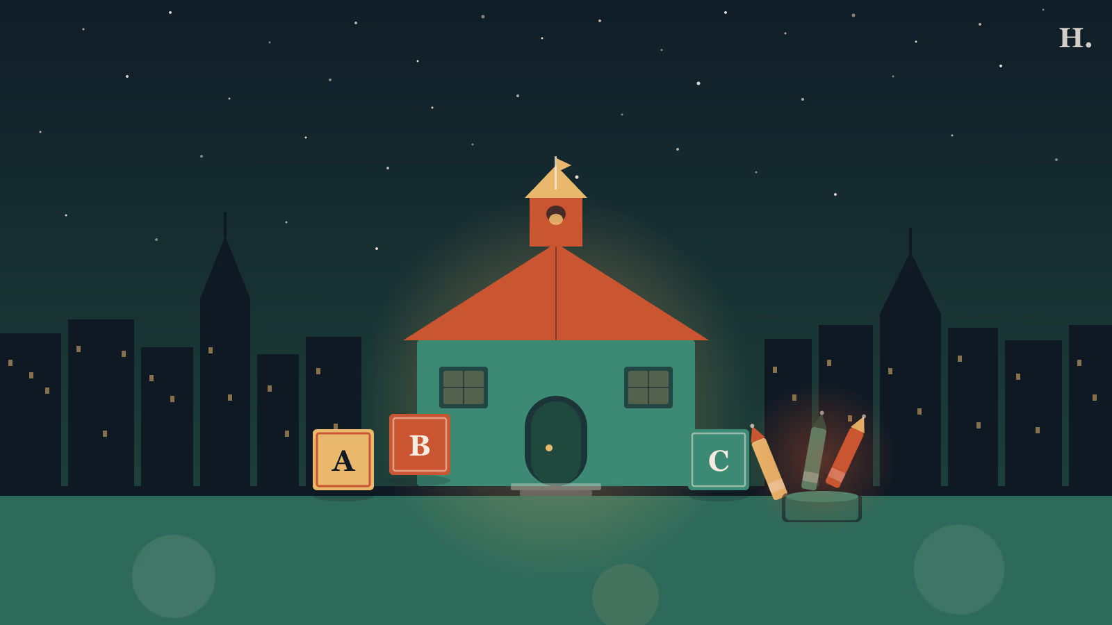 Best preschools in Houston illustration: small schoolhouse building, alphabet blocks and crayons under a Houston night sky