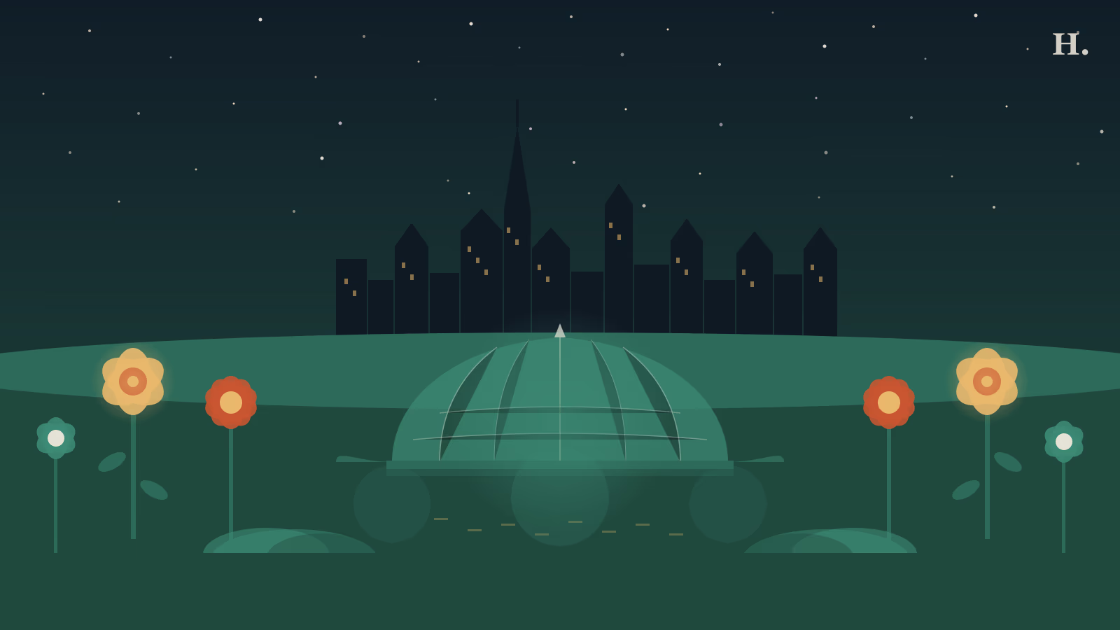 Houston botanical garden greenhouse dome and stylized flowers illustration at night