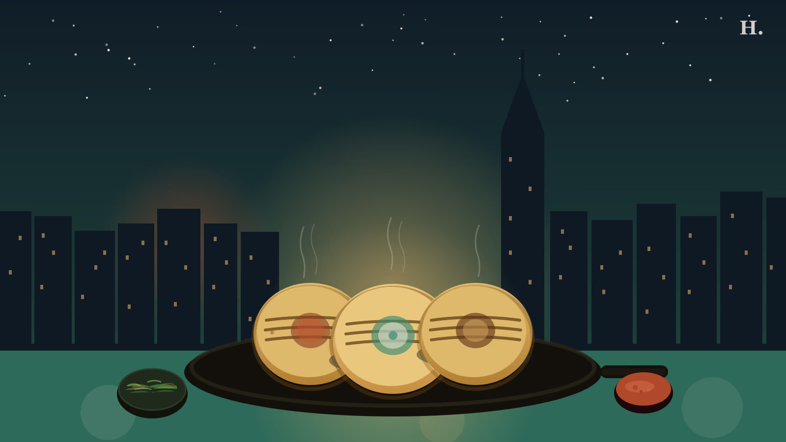 Pupusas in Houston: golden corn masa cakes on a comal, Houston skyline at night
