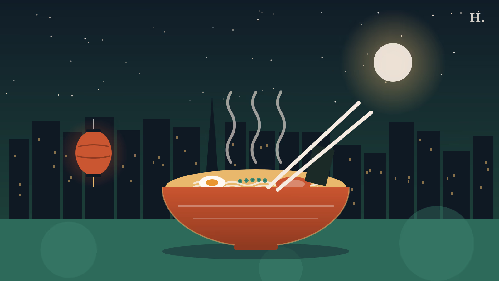Best ramen in Houston illustration: steaming ramen bowl with chopsticks below the downtown skyline
