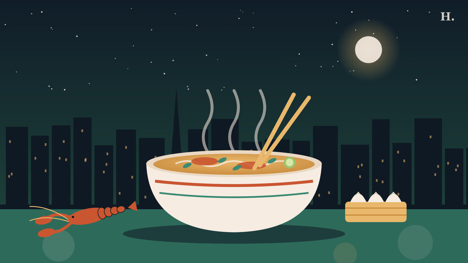 Illustration of a steaming pho bowl and crawfish under the Houston skyline for best restaurants in Alief Houston