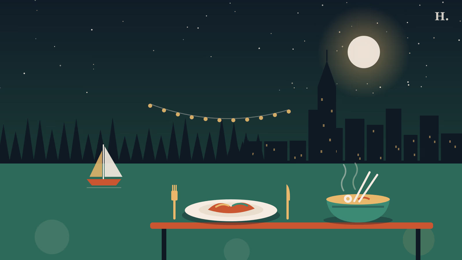 Atascocita restaurants illustration: lakeside dinner table with ramen, sailboat and pines at night