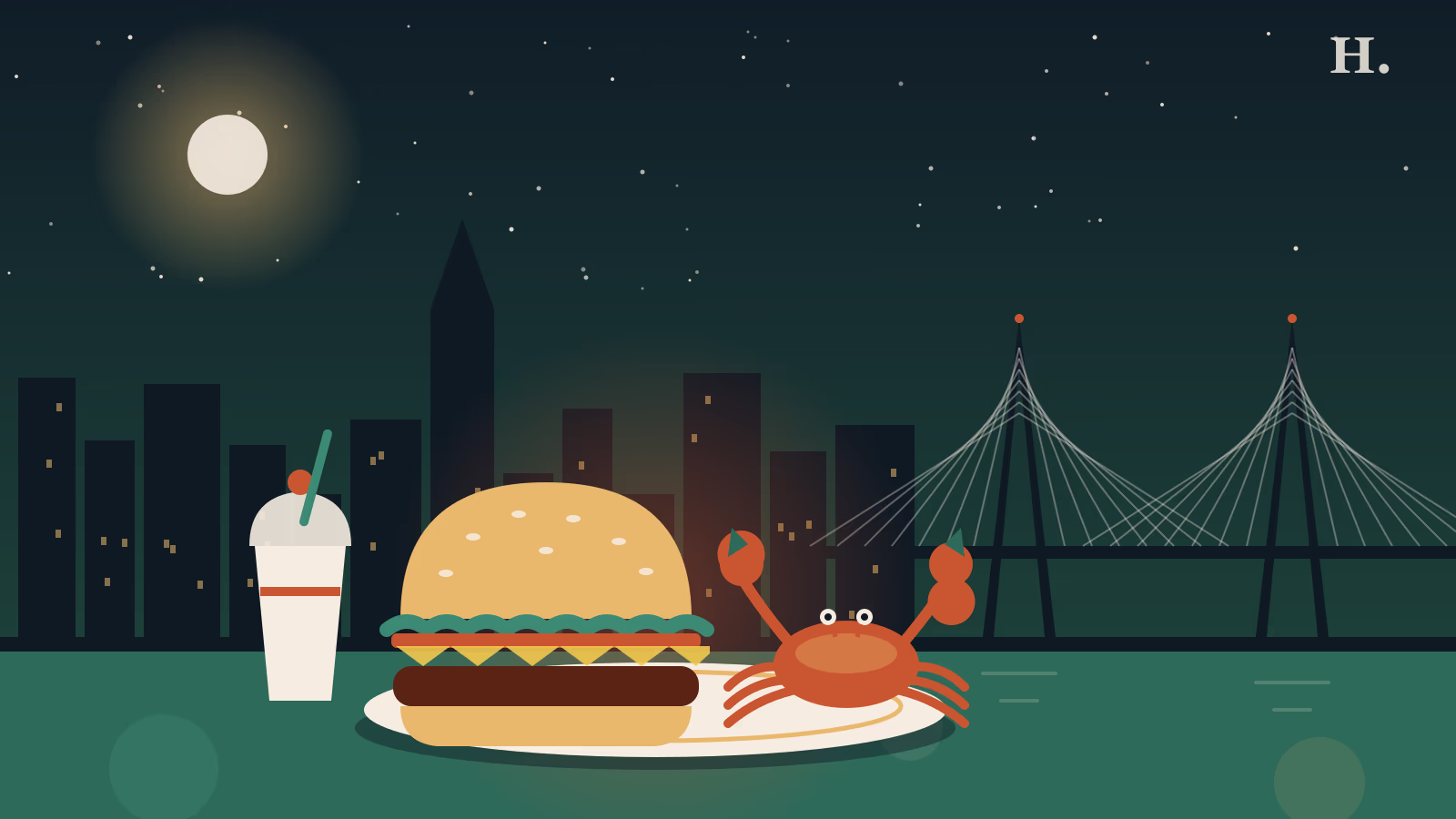 Best restaurants in Baytown TX illustration: burger, milkshake and crab by a bay bridge at night