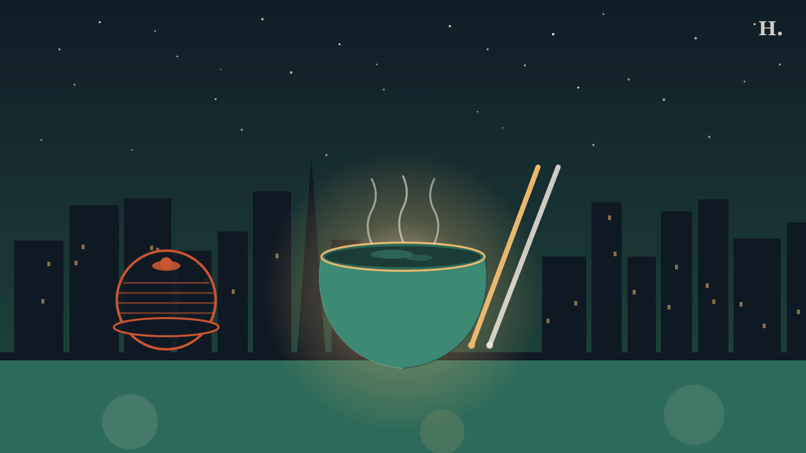 Best restaurants Bellaire TX: steaming pho bowl with chopsticks and bamboo dim sum basket against Houston night skyline