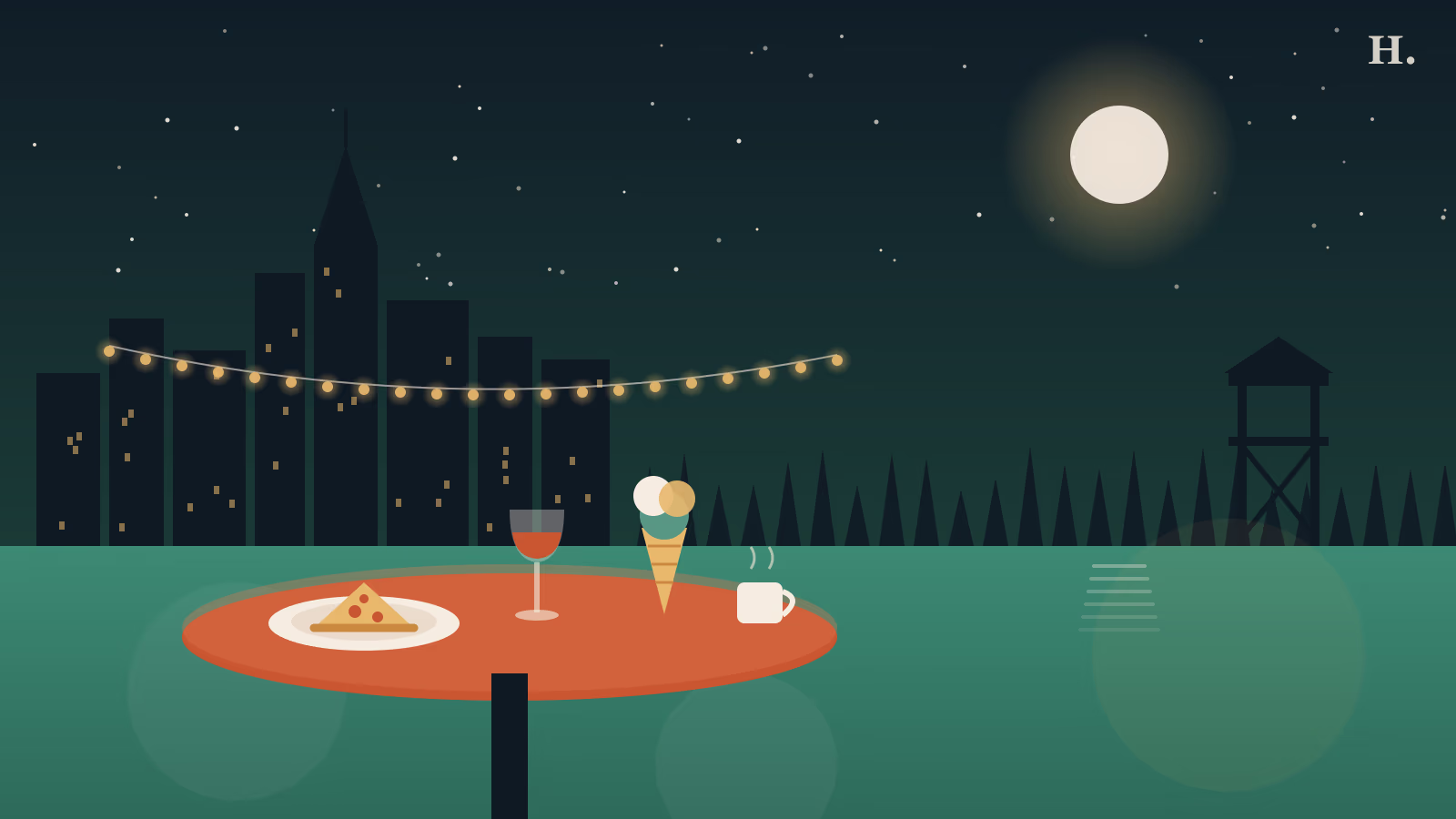 Illustrated night skyline over a lakeside dinner table, best restaurants in Bridgeland Cypress