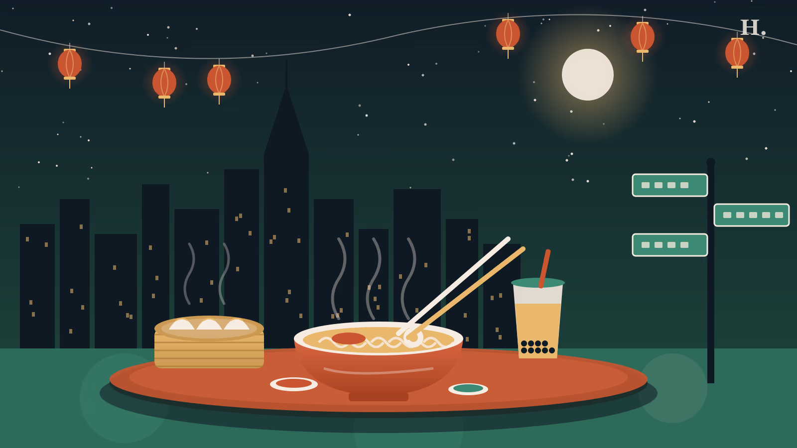 Illustration of the best restaurants in Chinatown Houston: dumplings, noodles, boba and lanterns at night