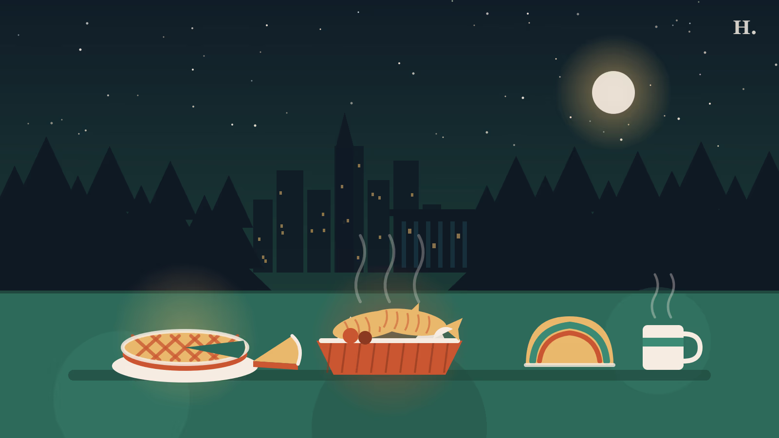 Illustration of pie, a fried catfish basket and a taco for the best restaurants in Conroe TX