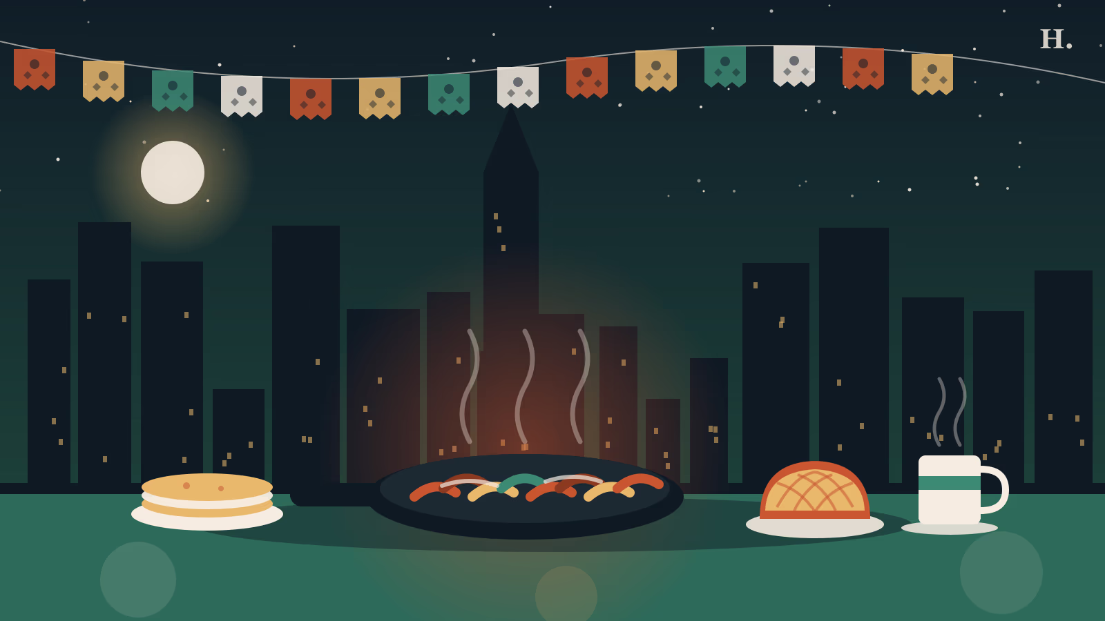 Illustration of a sizzling fajita skillet, pan dulce and papel picado for the best restaurants in the East End Houston