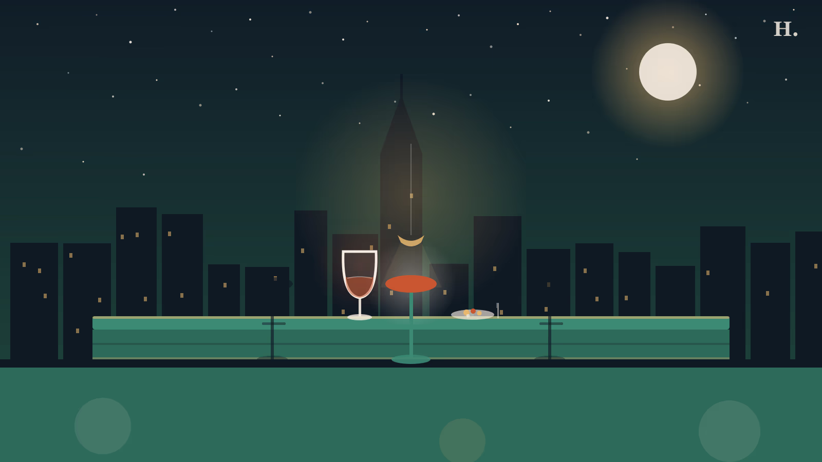 Solo dining in Houston illustration: single bar stool at a long counter with wine glass, Houston skyline at night