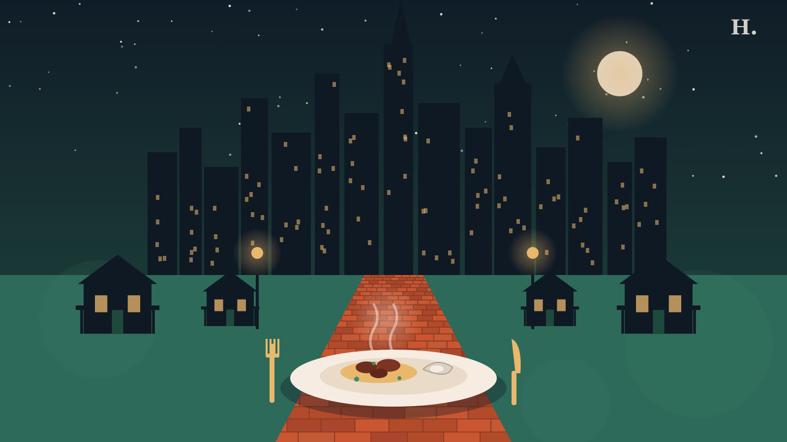 Illustration of a dinner plate on hand-laid brick street for the best restaurants in Fourth Ward Houston