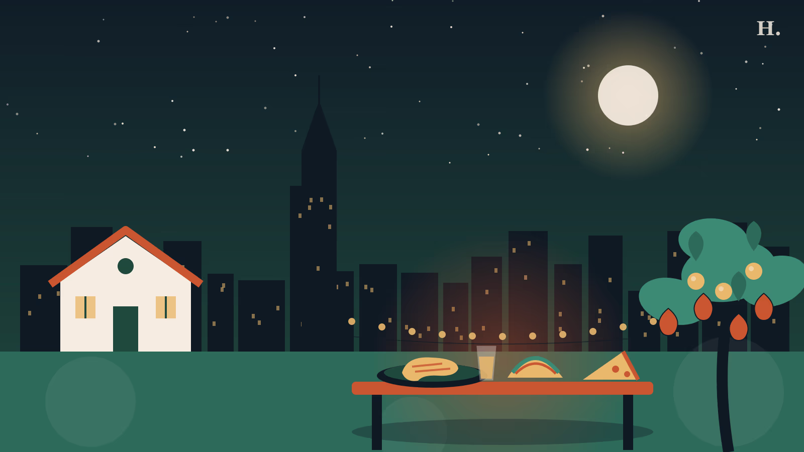 Friendswood restaurants illustration: Quaker farmhouse, fig tree and a dinner table under the Houston skyline