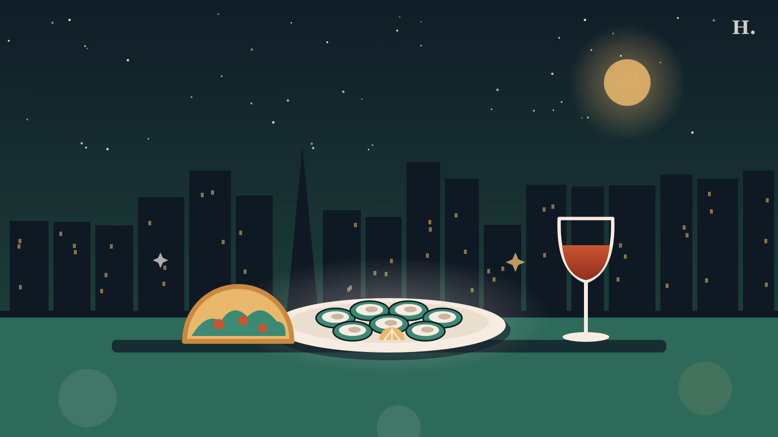 Best restaurants in Fulshear TX illustration: oysters, taco and wine glass under night skyline