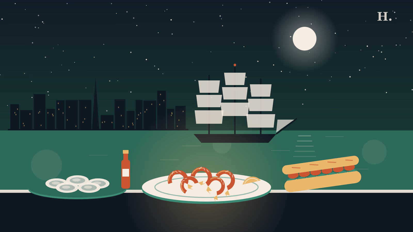 Illustration of Gulf shrimp, oysters and a po-boy by the tall ship Elissa for the best restaurants in Galveston