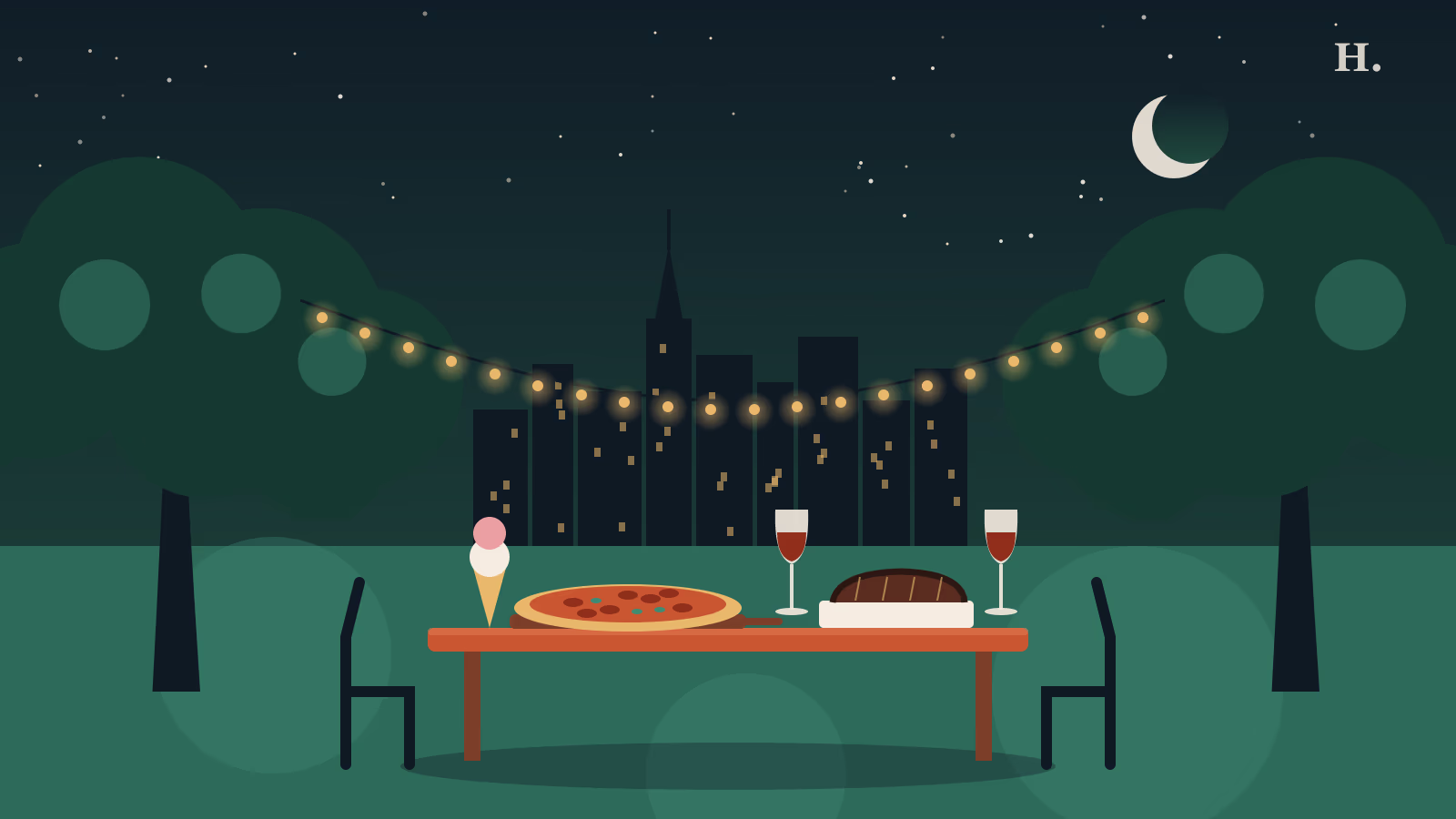 Illustration of the best restaurants in Oak Forest Houston: oak trees, patio table and pizza under the skyline