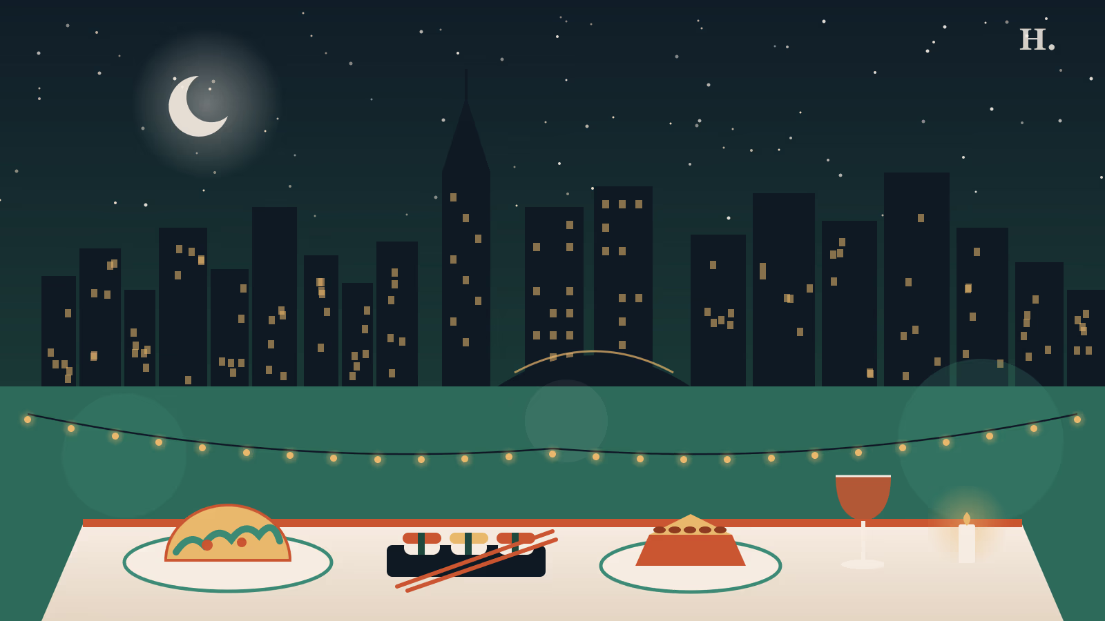 Illustrated night skyline over a dinner table, the best restaurants in Greenway Plaza Houston