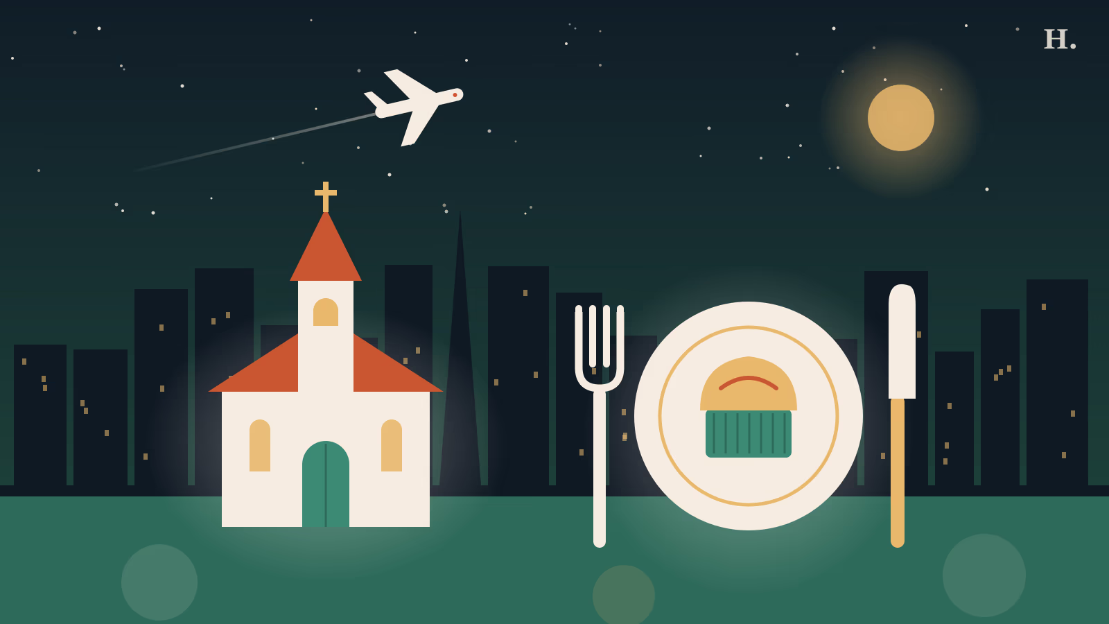 Illustration of Humble restaurants: a lit church dining room, plate and plane over the Houston skyline at night