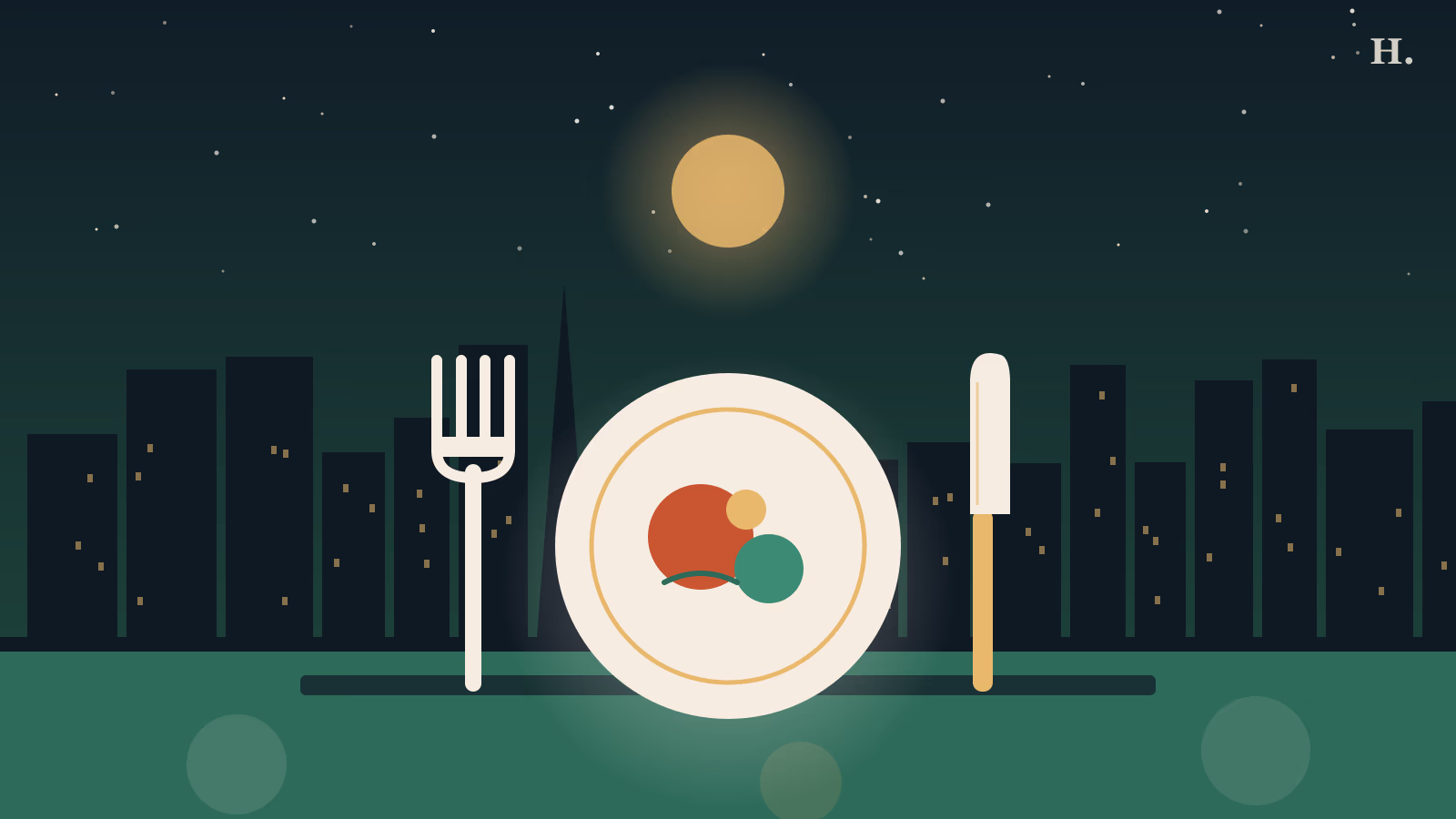 Illustrated plate, fork and knife before the Houston skyline for best restaurants in Houston