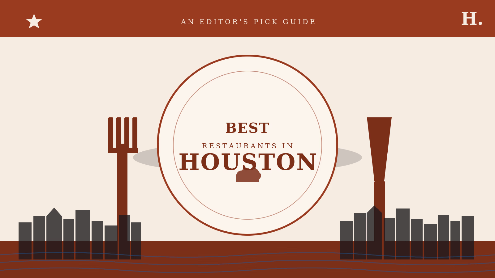 Coral plate setting illustration with fork, knife, chefs hat, and Houston skyline labeled best restaurants in Houston