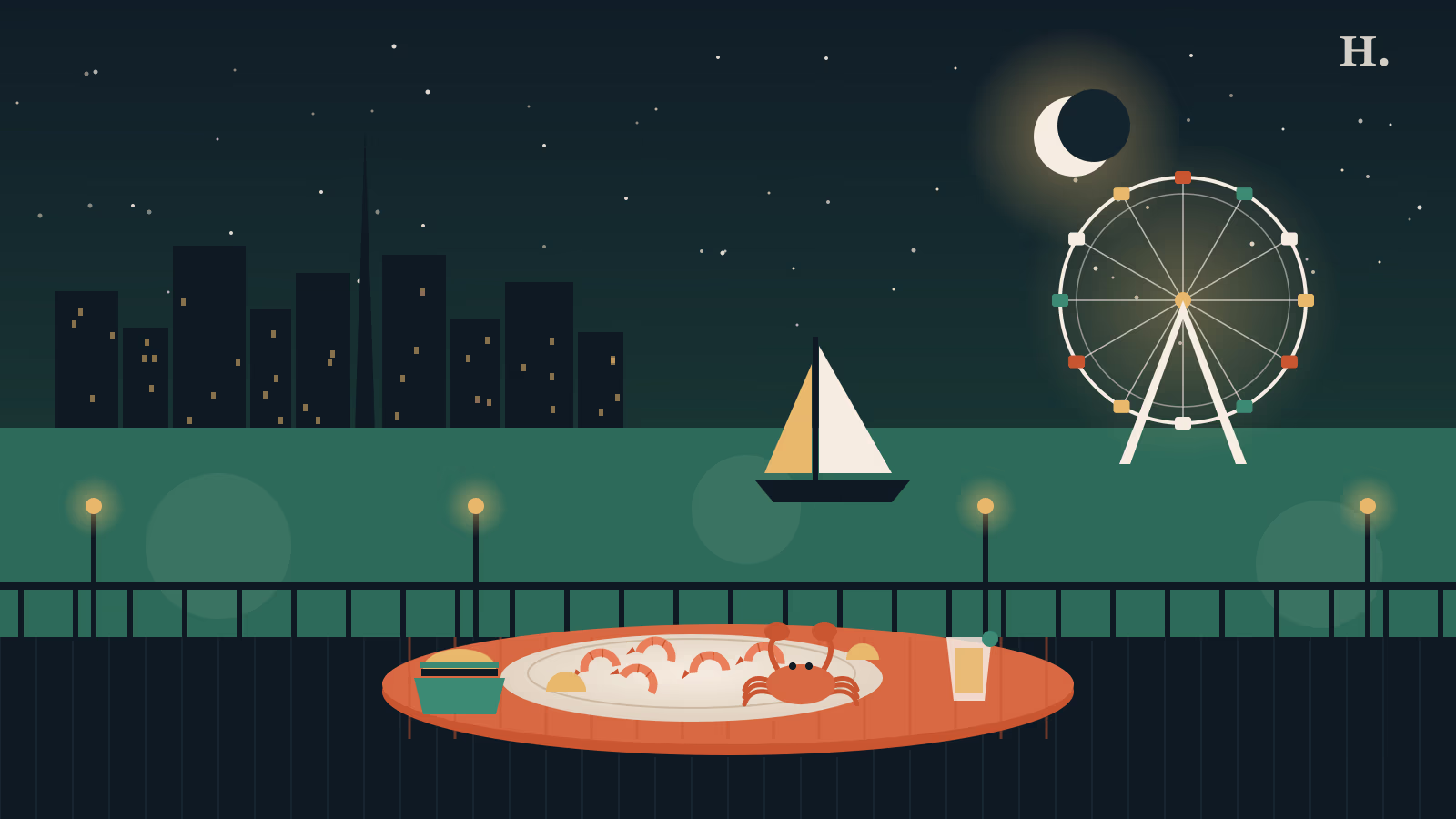 Illustration of a seafood platter on a boardwalk table, for best restaurants in Kemah TX