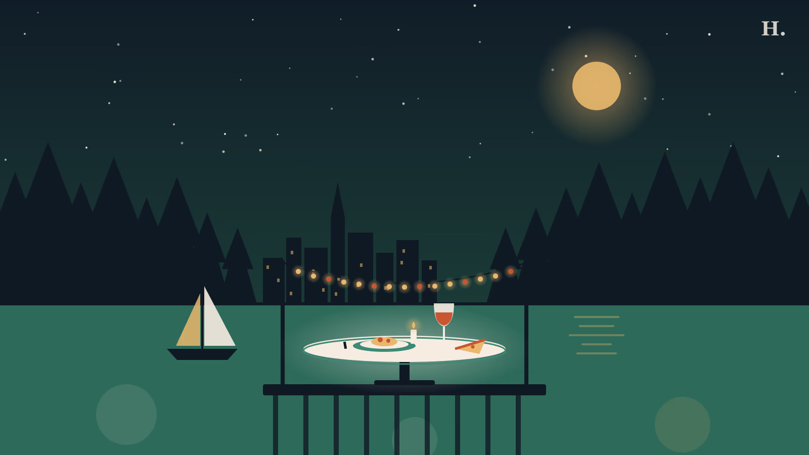 Kingwood restaurants illustration: lakeside dinner table, pine trees and a sailboat on Lake Houston at night