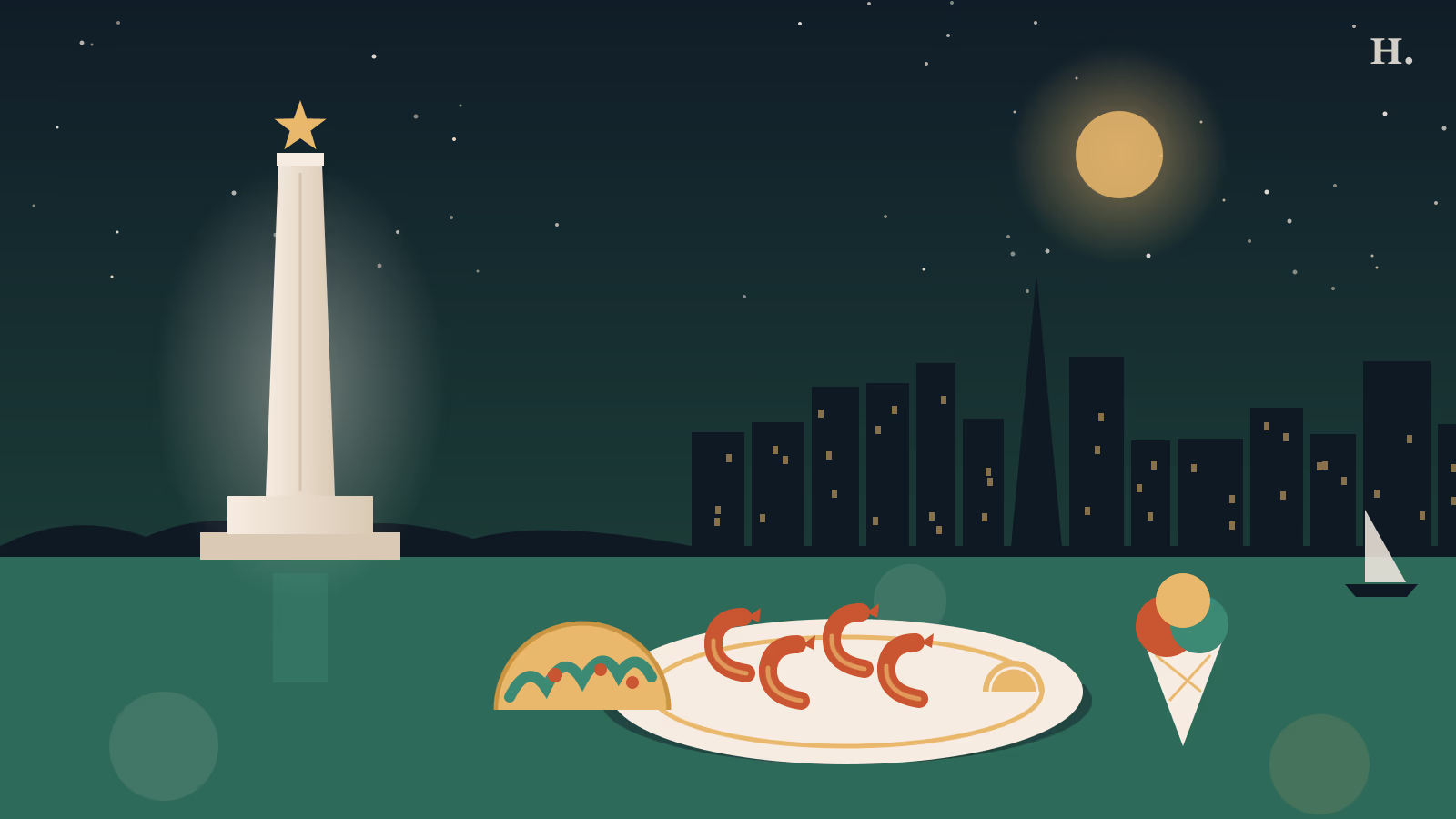 Best restaurants in La Porte TX illustration: shrimp platter, taco and San Jacinto Monument