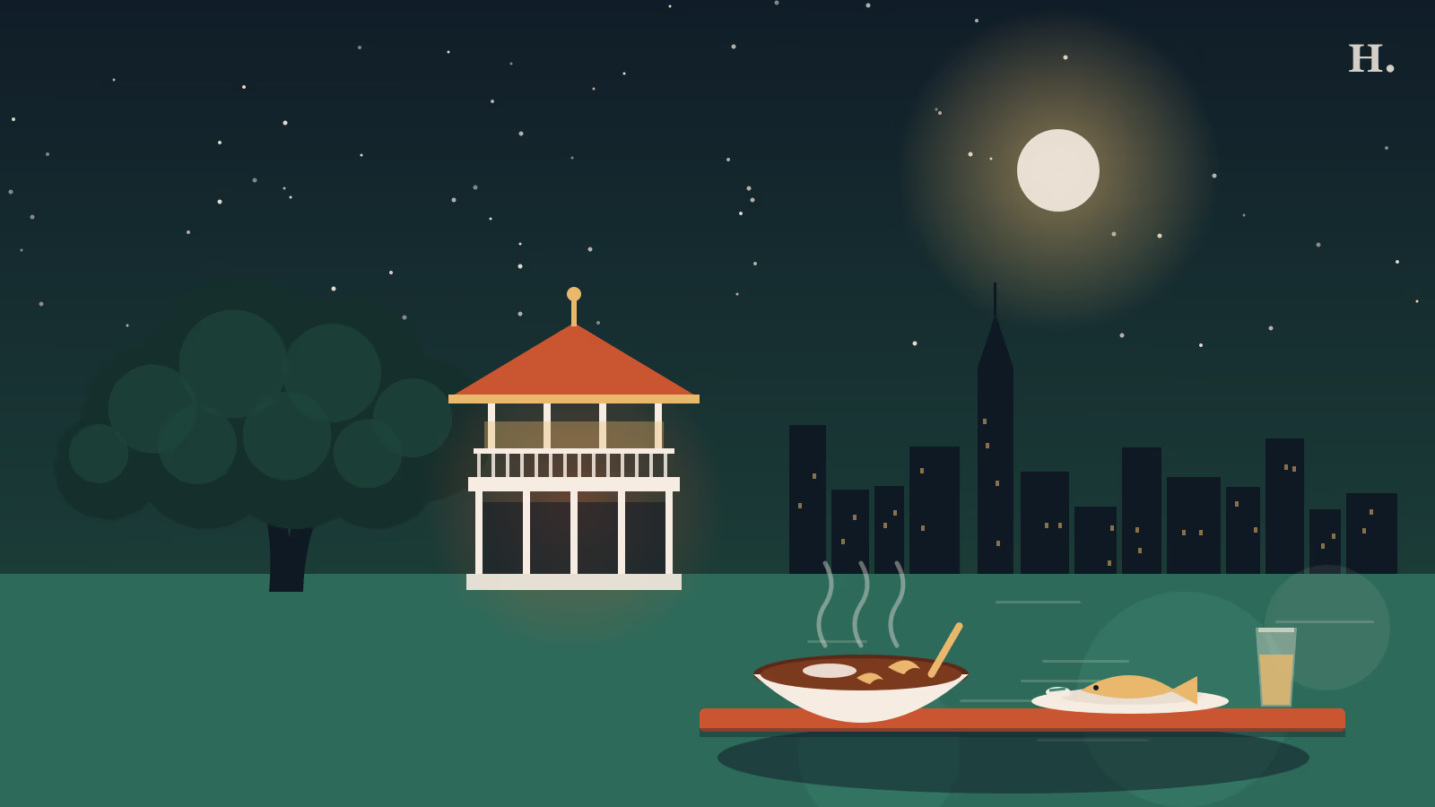 Illustration of the League Park gazebo and a gumbo dinner table for League City restaurants