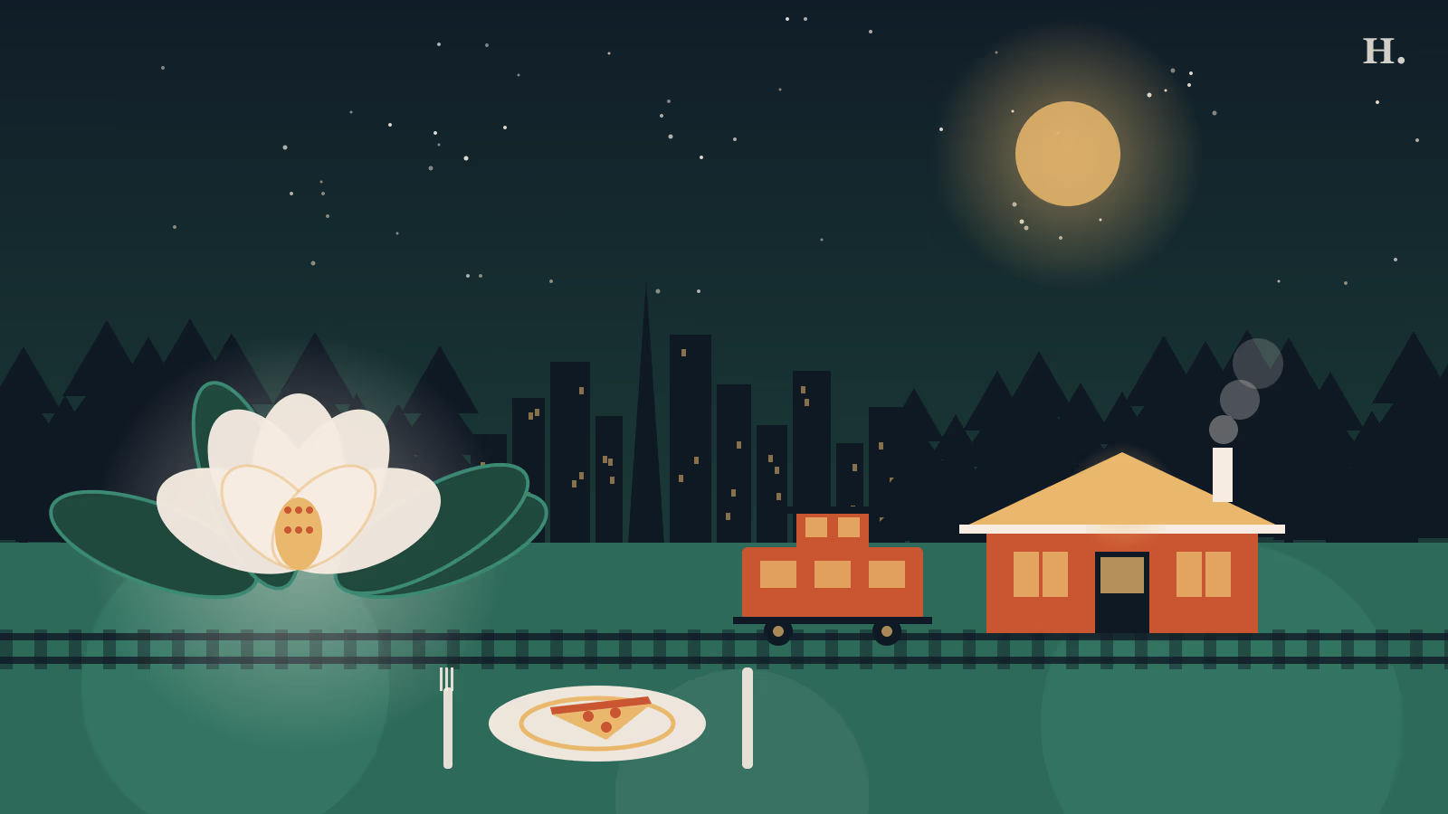 Best restaurants in Magnolia TX illustration with magnolia blossom, railroad depot and pizza plate