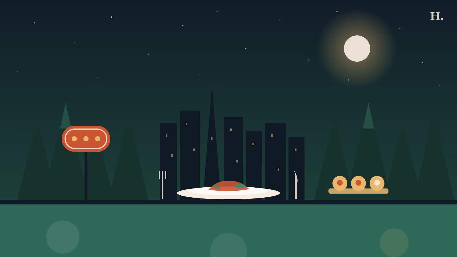 Illustration of restaurants in the Memorial Villages: pine trees, a diner sign, kolaches and a dinner plate at night